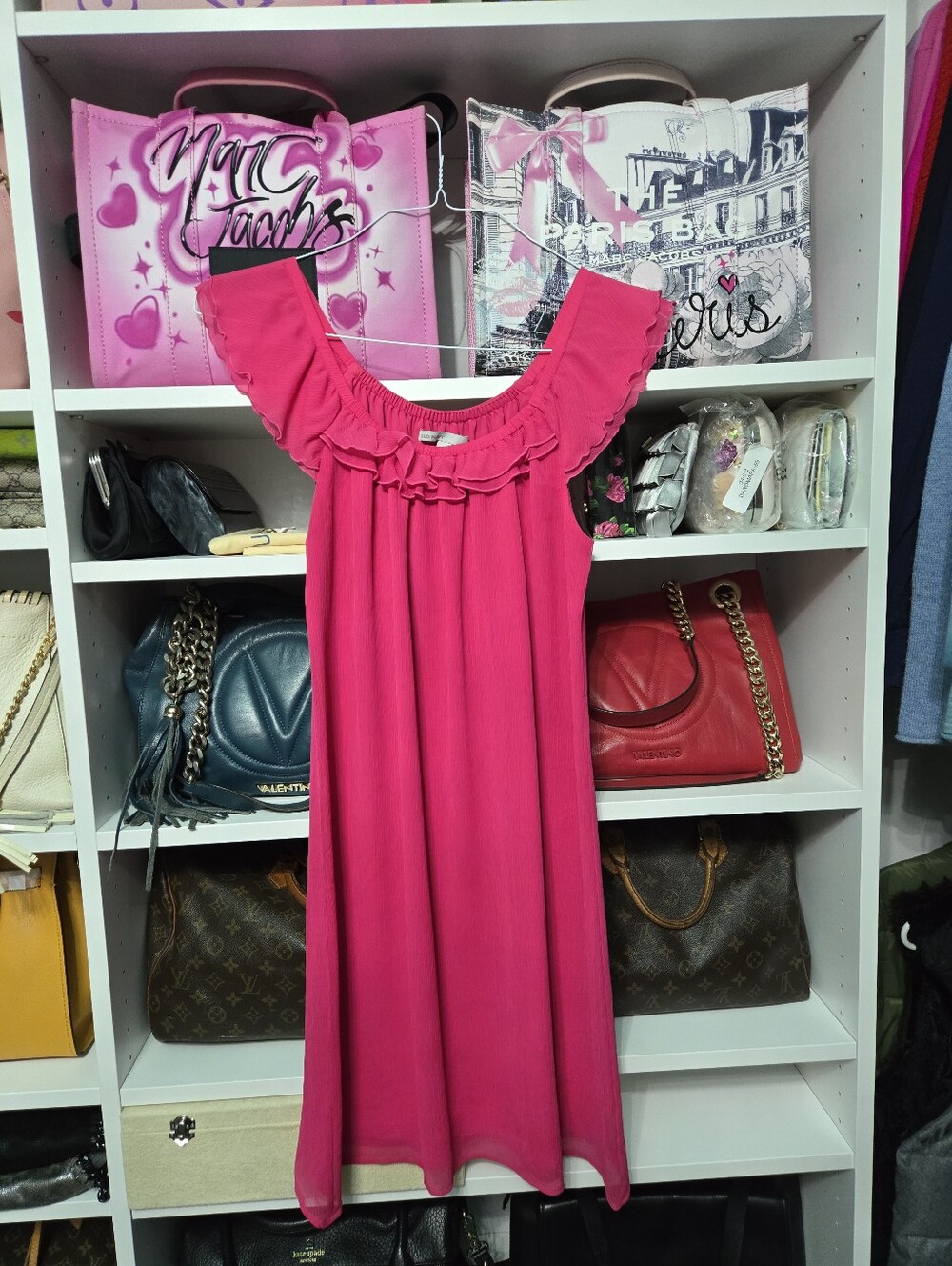 Hot Pink Ruffle-Trim Casual Dress